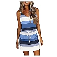 Summer Dresses for Women 2024,Trendy Striped Drawstring Mini Dress Casual Loose V Neck T Shirt Dress with Pockets