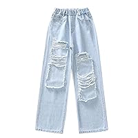 Kids Girls Casual Jeans Ripped Hole Jeans Distressed Baggy Denim Pants Hip Hop Dance Trousers Loose Fit Trousers