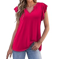 Short Sleeve Blouses Women Plus Size Summer Work Fashion Cool Cotton Tshirt Solid Color Comfort Deep V Neck Pleated Tee Shirts for Women Hot Pink