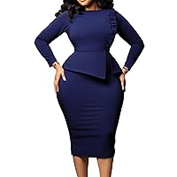CHICTRY Womens Long Sleeve Bodycon Round Neck Midi Casual Dress Work Office Business Pencil Dress