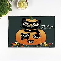 Set of 6 Placemats Happy Halloween Party with Cute Black Cats Card Trick Or Treat Trick Or Feed Character 12.5x17 Inch Non-Slip Washable Place Mats for Dinner Parties Decor Kitchen Table