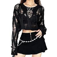 Women's See Through Hole Ripped Crop Tops Knit Pullover Short Sweaters