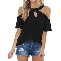 Womens Summer Halter Cold Shoulder Tops Sexy Casual Short Sleeve Keyhole T Shirts Blouse