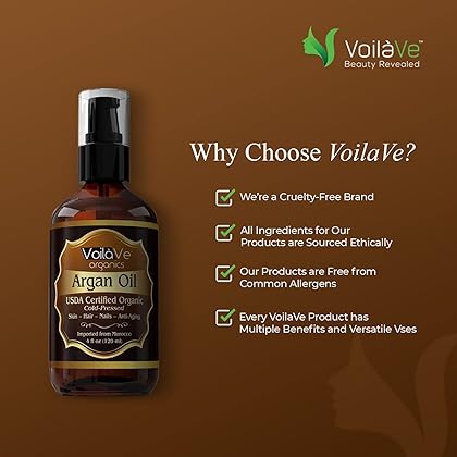 VoilaVe USDA and ECOCERT Pure Organic Moroccan Argan Oil for Skin, Nails & Hair Growth, Anti-Aging Face Moisturizer, Cold Pressed, Hair Moisturizer, Rich in Vitamin E, As Seen On TV - 4 fl oz