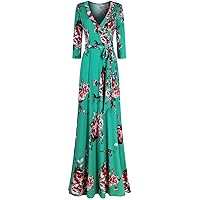Women's 3/4 Sleeve V-Neck Printed Maxi Faux Wrap Floral 4c4 Dress Green S