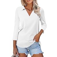 Women's 3/4 Sleeve T Shirts V Neck Solid Color Summer Casual Polo Shirts Collared Casual Basic Tees Blouse