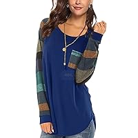 Womens Casual Color Block Sweatshirts Cozy Long Sleeve Round Neck Pocket T Shirts Fashion Loose Casual Tunic Tops