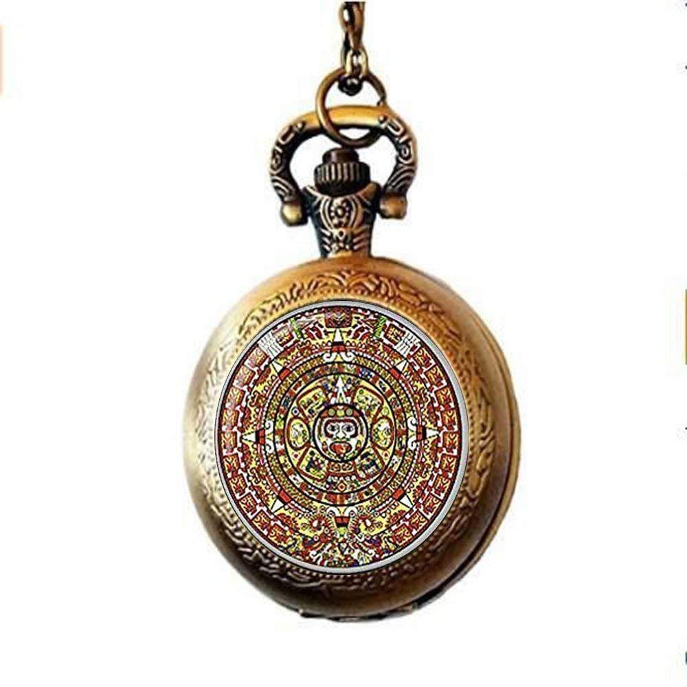 KWYUT Aztec Calendar Pocket Watch Necklace Sun Stone Pocket Watch Necklace Aztec Calendar Jewelry