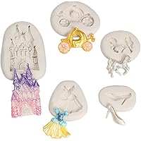 5Pcs Cinderella Themed Fairy Tales Princess Dress Castle Crystal Crystal Shoes Pumpkin Carriage Silicone Molds for DIY Fondant Candy Making Chocolate Mold Gum Clay Cupcake Topper Cake Decor