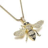 Iced Out Bee Copper Pendant Hip Hop Necklace 18K Gold Plated Bling Cubic Zirconia Micropave Simulated Diamond for Men Women Charm Jewelry with Stainless Steel Rope Chain