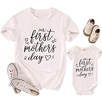 Our First Mothers Day Matching Outfit Mommy and Me Newborn Baby Boys Girls Romper Onesie New Mom Shirts for Women