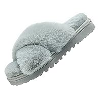 Womens-Fluffy-Memory-Foam-Cross-Band-Slippers Indoor, Fuzzy Fur Comfy Open Toe House Slippers For Women Slip On, Soft Plush Cozy Furry Women'S Home Bedroom Slippers Non-Slip
