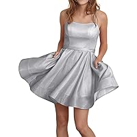 Women Sparkly Glitter Prom Dresses 2019 Short Spaghetti Straps V-Neck Homecoming Dresses with Pockets