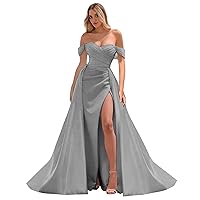 Off Shoulder Prom Dresses Long Satin Evening Gowns for Women A-line Formal Party Dresses with Slit