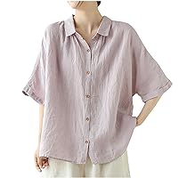 2024 Womens Cotton Linen Button Down Blouse Half Sleeve Lapel Dressy Shirts Summer Basic Casual Loose Fit Tunic Tops