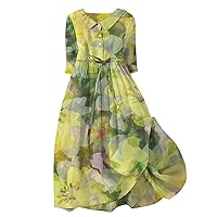 Women 2024 Summer Dresses Boho Floral Lapel Neck Button Casual A Line Lace-Up Hawaiian Vacation Beach Flowy Maxi Dress