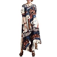 Womens Cotton Linen Long Sleeves Paisley Print Dresses Vintage Dress