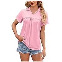Womens Short Sleeve Blouses Casual Tops V Neck Ruched Shirt Summer Loose Fit Basic Tee