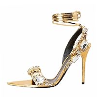 Kluolandi Women's Strappy Stiletto Heels with Crystal Lace Up Gladiator Sexy Open Toe High Heeled Sandals Gold Heels for Women