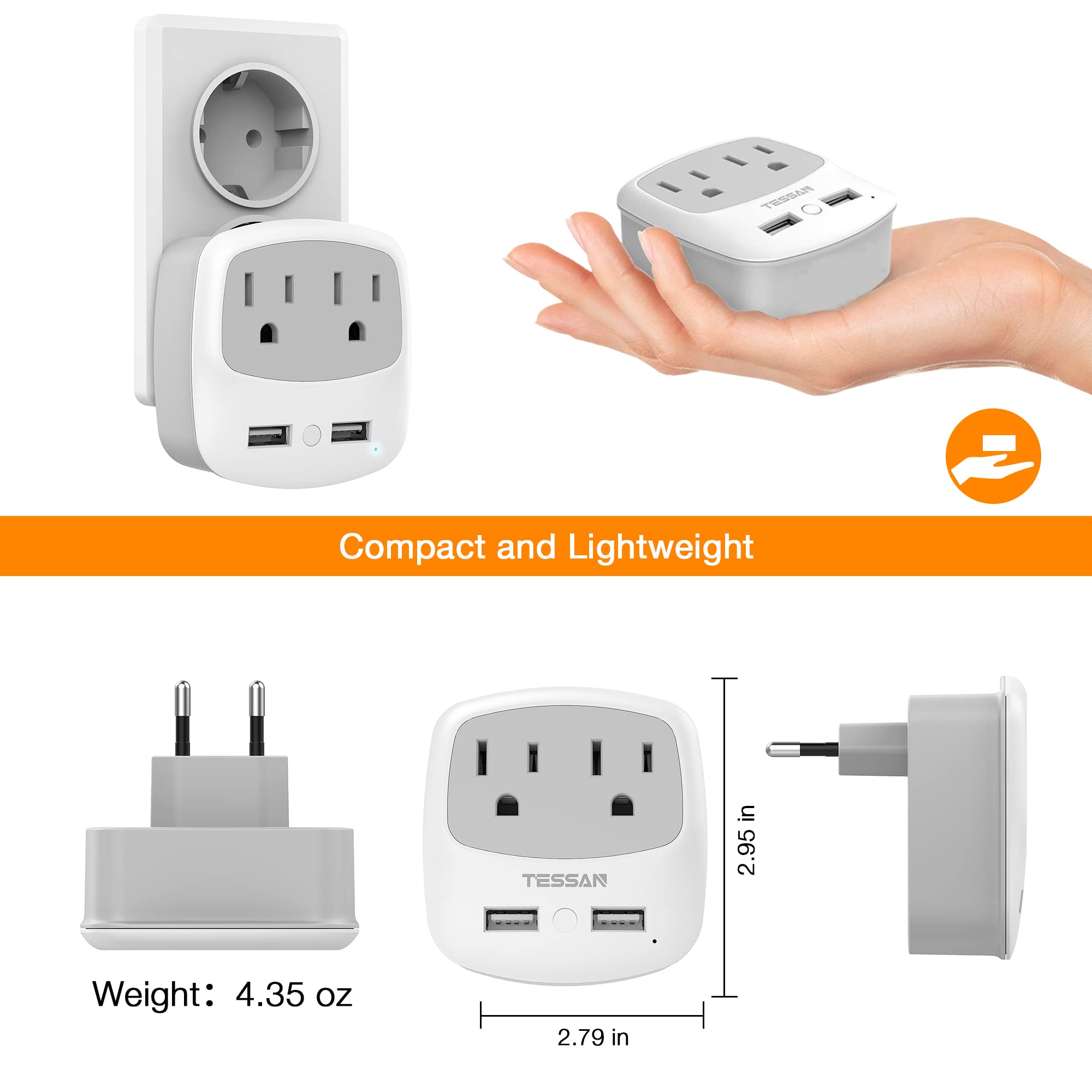 European Travel Plug Adapter, TESSAN International Power Plug with 2 USB, Type C Outlet Adaptor Charger for US to Most of Europe EU Iceland Spain Italy France Germany