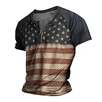 Men's 4th of July USA Flag Print Distressed Henley Shirts Button Collar Short Sleeve Polo Shirt Ligthweight Casual Tee