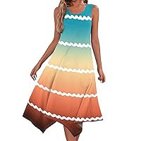 Casual Dresses Sundresses for Women 2024 Striped Print Casual Fashion Patchwork Slim with Sleeveless Round Neck Swing Dress Multicolor X-Large