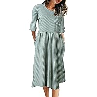 MEROKEETY Women's 3/4 Balloon Sleeve Striped High Waist T Shirt Midi Dress with Pockets