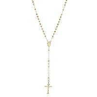 10k Yellow Gold or Tri Color 3mm Rosary with Virgin Mary Medal and Crucifix of Jesus Cross Pendant Chain Necklace