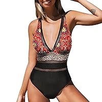 Women Bathing Suits Tummy Control Plus Size Striped Swimsuit V Neck Hollow Mesh Splicing Ethnic Style Printing