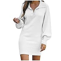 2023 Womens Lapel Sweaters Dress Casual Long Sleeve Oversized Knit Pencil Dress Fall Winter Loose Soft Mini Dresses