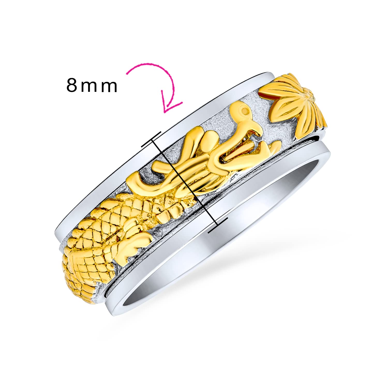 Personalize Two Tone Overlay Gold Silver Tones Titanium Steel Exotic 3D Asian Chinese Dragon Fidget Spinner Ring Band Jewelry For Men For Women 8MM Wide Custom Engraved