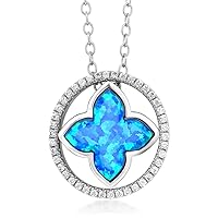 Gem Stone King 925 Sterling Silver Circled Flower Shaped Blue Created Opal Pendant Necklace For Women with 18 Inch Silver Chain, Metal, Created Opal