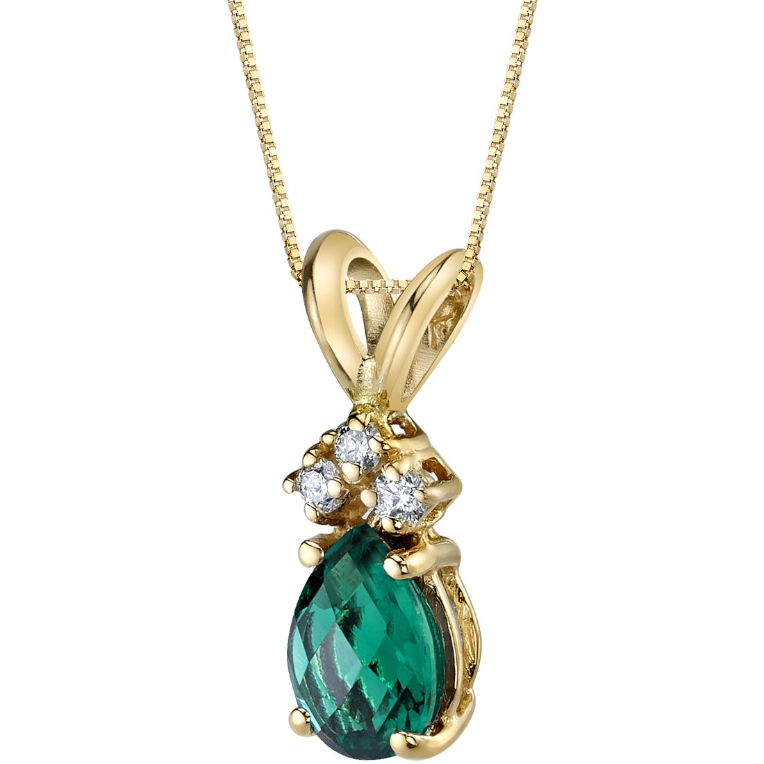 Peora Solid 14K Yellow Gold Created Emerald with Genuine Diamonds Pendant for Women, Dainty Teardrop Solitaire, Pear Shape, 7x5mm