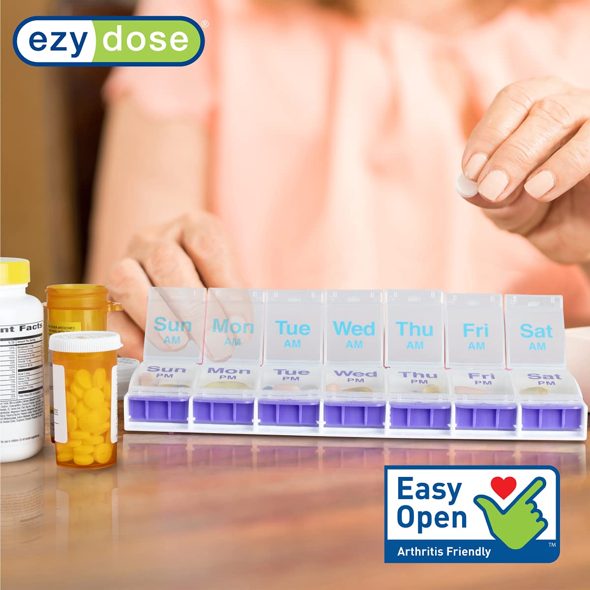 EZY DOSE Weekly (7-Day) Pill Organizer, Vitamin and Medicine Box, Large Push Button Compartments, Clear Lids