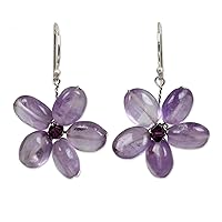 NOVICA Handmade Amethyst Floral Earrings Flower .925 Sterling Silver Glass Bead Purple Dangle Beaded Thailand Birthstone 'Mystic Daisy'