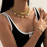 Bufenia Simple Colorful Seed Bead Necklace Bracelet Set Yellow Smiley Beaded Choker Bangle Jewelry Set for Women and Girls