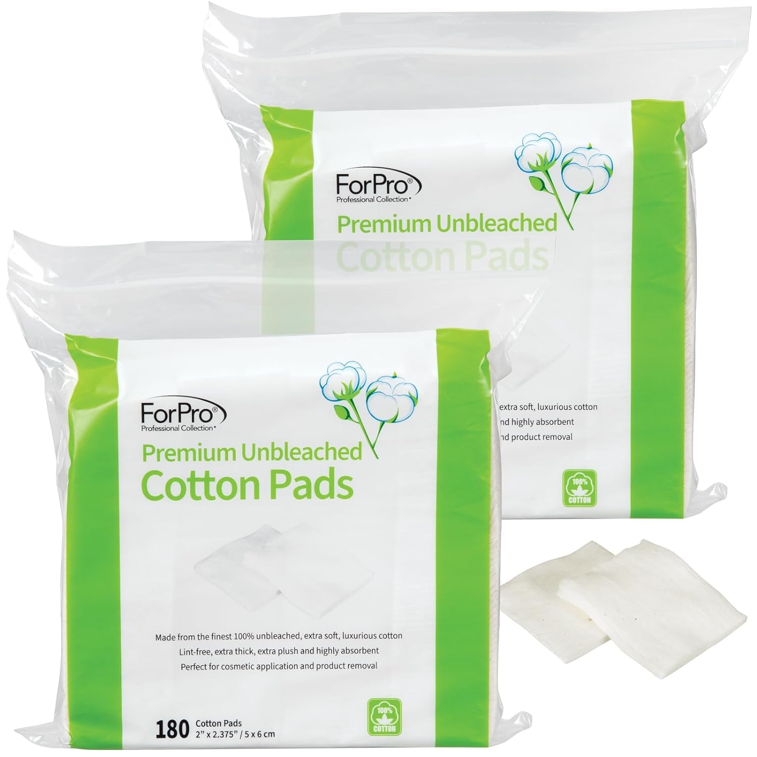 ForPro Premium Unbleached Cotton Pads (360-Count), 100% Unbleached Cotton Cosmetic Pads for Face, Extra Thick, Lint-Free, Vegan & Cruelty-Free, Pack of 2-180 Cotton Pads