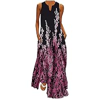 Prime Sales and Deals Today Sundresses for Women 2024 Floral Print Sleeveless Maxi Dress with Pockets Tank Summer Dress Notch Neck Beach Dresses