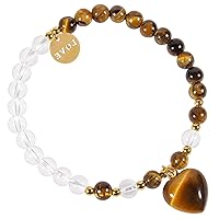 TUMBEELLUWA Healing Crystal Beads Bracelet with Heart Charm for Women Energy Quartz Stone Beads Bracelet with Engraved Love Metal Pendant