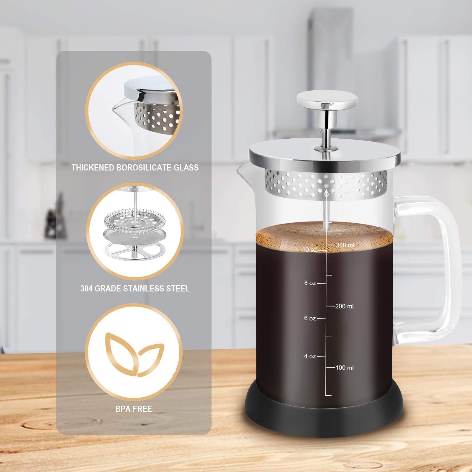 Nukeekee French Press Coffee Maker,304 Stainless Steel Borosilicate Glass Coffee Press,Non-slip Silicone Base,12 oz /350 ml Small French Press,with 2 Extra Screens,Clear and Silver (Concise Style).