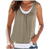 Color Block Fake Two-Piece Tank Tops Women's Fashion Print Sleeveless Crewneck T-Shirts Summer Casual Novelty Vests