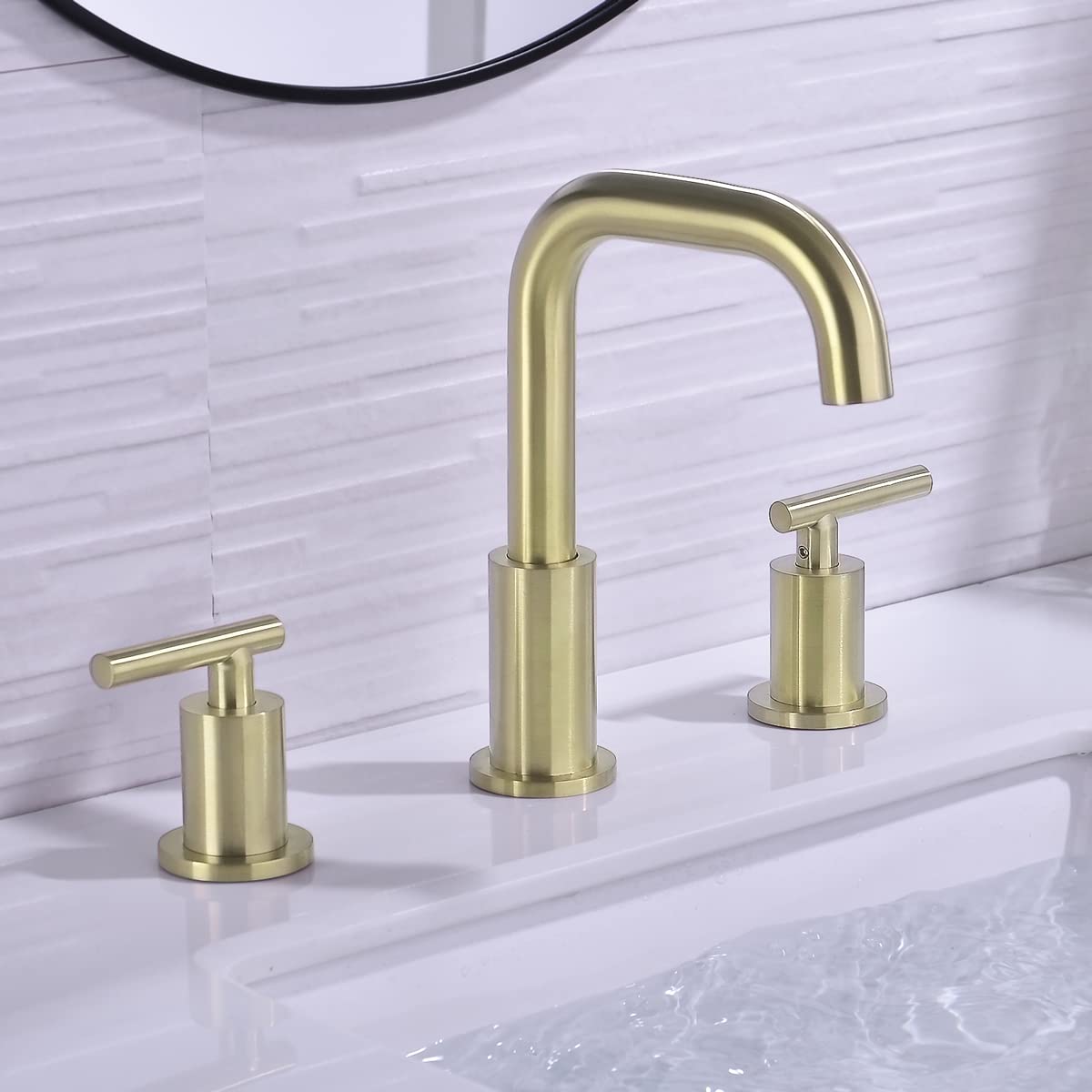 TRUSTMI Bathroom Faucet 2 Handle 8 Inch Brass Sink Faucet 3 Hole Widespread with 360 Degree Swivel Spout, cUPC Water Supply Lines and Overflow Pop Up Drain Included, Brushed Gold