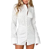 2024 Women's Casual White Shirt Dress Fashion Slim Waist Long Sleeve Dress Graduation Dress Party Club Short Dresses (US, Alpha, Medium, Regular, Long, White)