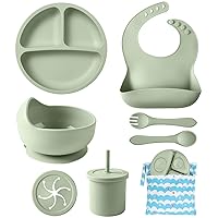 ECLIP Silicone Baby Feeding Set, 10 Pcs Baby Led Weaning Supplies with Suction Bowl Divided Plate Adjustable Bib Soft Spoon Fork Snack Cup with Lid Drinking Cup, Utensil (Dark Green)