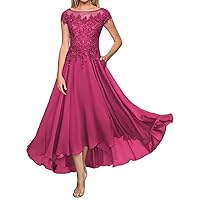 Chiffon Lace Mother of The Groom Dress Short Sleeve Formal Evening Dress for Wedding with Pockets High Low Fuchsia