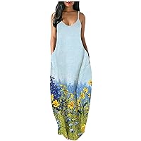 Women's Beach Print Round Neck Glamorous Dress Flowy Casual Loose-Fitting Summer Swing Sleeveless Long Floor Maxi Light Blue