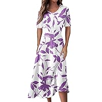 Summer Short Sleeve Dresses for Women 2024 Casual Loose V Neck Midi Dress Elegant Floral Print Flowy Beach Dresses