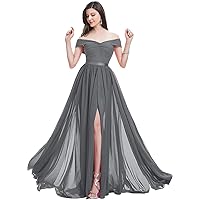 Women's Off Shoulder Junior Bridesmaid Dresses Slit A Line Chiffon Formal Prom Maxi Dress Gowns