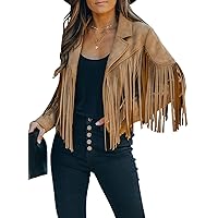 Dokotoo Womens 2023 Fashion Faux Suede Tassel Jackets Lapel Cropped Motorcycle Jacket Outerwear