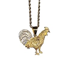 Men Women 925 Italy Gold Finish Iced Gallo Rooster Ice Out Pendant Stainless Steel Real 2 mm Rope Chain Necklace, Mens Jewelry, Iced Pendant, Rope Necklace